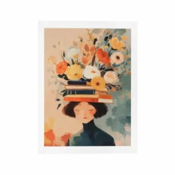 Affiche femme avec livres et fleurs - 30 x 40 cm