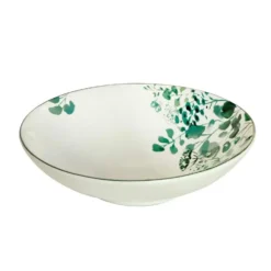 Assiette à salade et pâtes en grès Oxalis coloris blanc motif floral vert - Ø 19 cm