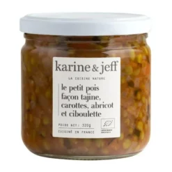 Bocal de petits pois façon tajine, carottes, abricots et ciboulette bio en pot Karine & Jeff - 320 g