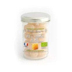 Bonbons bio en forme de boules fourrées au miel en pot de 150 g