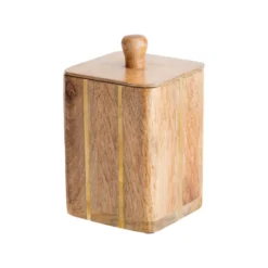 Boîte carrée en bois de manguier avec lignes laiton et couvercle - 10 x 10 x 16 cm