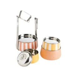 Boîte traditionnelle à 4 étages en acier inoxydable jaune et orange Tiffin - Ø 15 x H 28 cm