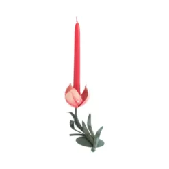 Bougeoir allongé forme fleur en métal vert et rose - 17 x 11 x 17 cm