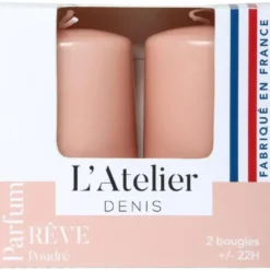 Bougies cylindriques rose parfum rêve poudré L’Atelier de Denis - L’étui de 2