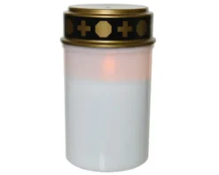 Bougie tombale blanche en plastique à LED effet flamme pour extérieur Toussaint - Ø 7,5 x H 12,5 cm