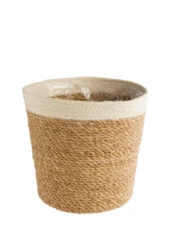 Cache-pot vannerie naturelle avec rebord blanc coloris beige - 18 x 16 x 13,5 cm