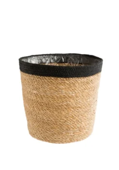 Cache-pot vannerie naturelle avec rebord noir coloris beige - 15 x 14 x 12 cm