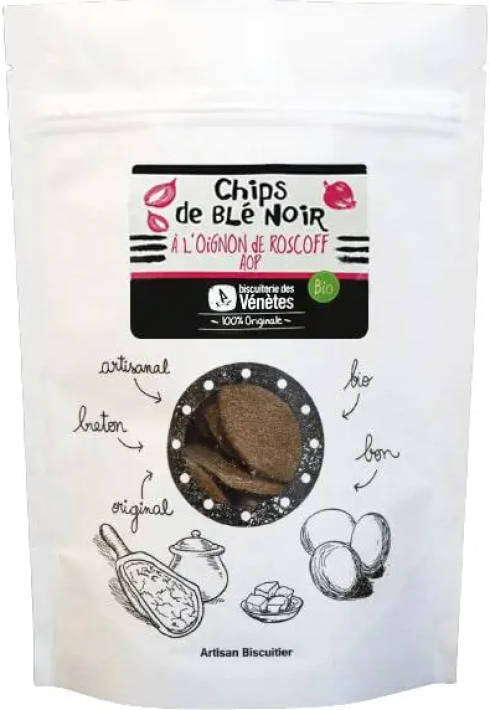 Chips blé noir à l'oignon rose de Roscoff AOP bio Biscuiterie Venetes - 100 g