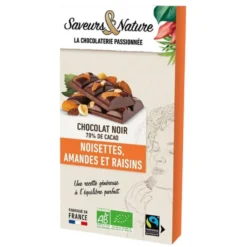 Chocolat noir mendiants amandes, noisettes et raisins bio Saveurs et Nature - 100 g