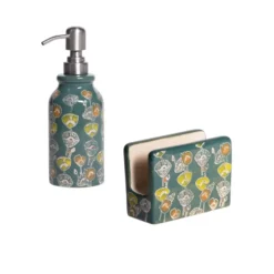 Coffret distributeur de savon et porte-éponge en grès vert à motifs Oliva - les 2 pièces