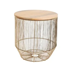 Corbeille filaire en métal doré avec plateau amovible en bois de manguier naturel - Ø 35,5 x H 38 cm