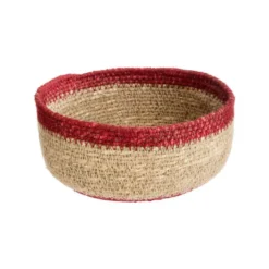 Corbeille ronde bicolore naturel et rouge en osier petit modèle - Ø 15 x H 8 cm