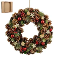 Couronne de sapin, pommes de pin naturelles et décorations colorées Roslyn grand modèle - Ø 45 x H 9 cm