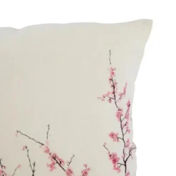 Coussin en coton et lin crème à motifs branches de cerisier rose - 45 x 45 cm