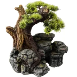 Décor d'aquarium pierre bonsai coloris vert en résine de polyester - 16,5 x 16,5 x 18 cm