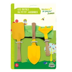 Ensemble de gants et 3 outils de jardinage pour enfant en métal jaune avec manche en bois Planète Plante - les 4 pièces
