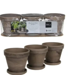 Ensemble de 3 pots en terre cuite gris basalt avec soucoupe Stan - Ø 13,5 x H 12 cm