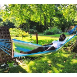 Hamac coloris vert bleu écru en polypropylène Jobek Hamac Kolor - 300 x 100 cm