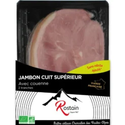 Jambon cuit supérieur bio avec couenne en barquette de 90 g