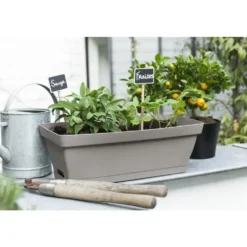 Jardinière avec soucoupe clipsée et support en métal - Roméo - 49 x 28 x 19 cm Taupe