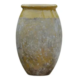 Jarre Biot olive patiné avec col émaillé jaune H 76 x Ø 50 cm