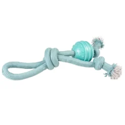 Jouet pour chien coloris bleu corde boucle avec nœud et balle caoutchouc Duvoplus - 8 x 8 x 39 cm