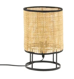 Lampe de table en cannage naturel et métal coloris noir - Ø 18 x 28,5 cm