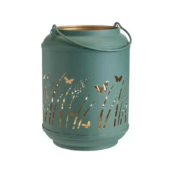 Lanterne en métal vert avec décor papillons doré petit modèle - Ø 15 x H 20 cm