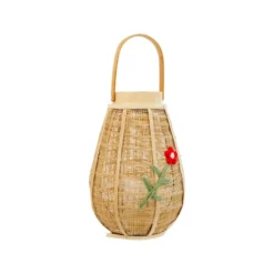 Lanterne en toile de jute marron avec motif fleur rouge - Ø 24 x H 35 cm
