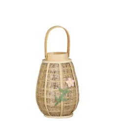 Lanterne en toile de jute marron avec motif fleur rose - Ø 20 x H 28 cm
