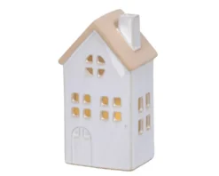 Maison en porcelaine blanche avec LED fixe blanc chaud pour intérieur - 6,7 x 8,7 x 15,5 cm