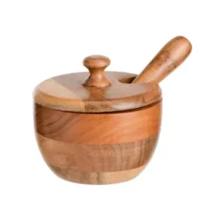 Mortier avec couvercle et pilon en bois de manguier naturel - Ø 12 x H 10 cm
