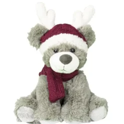 Ours brun en peluche avec bonnet de renne et écharpe rouges - 25 cm