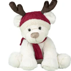 Ours en peluche blanc avec bonnet de renne et écharpe rouges - 50 cm