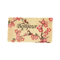 Paillasson en fibre de coco Bonjour avec branche de cerisier rose - 72 x 40 cm