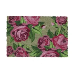 Paillasson en fibre de coco motif floral rose et vert - 60 x 40 cm