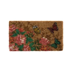 Paillasson en fibre de coco motif fleurs et papillons multicolores - 72 x 40 cm