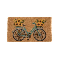 Paillasson en fibre de coco motif vélo bleu avec tournesols jaunes - 72 x 40 cm