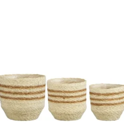 Panier rond en zostère coloris blanc rayé marron Lena - Ø 14 x H 14 cm