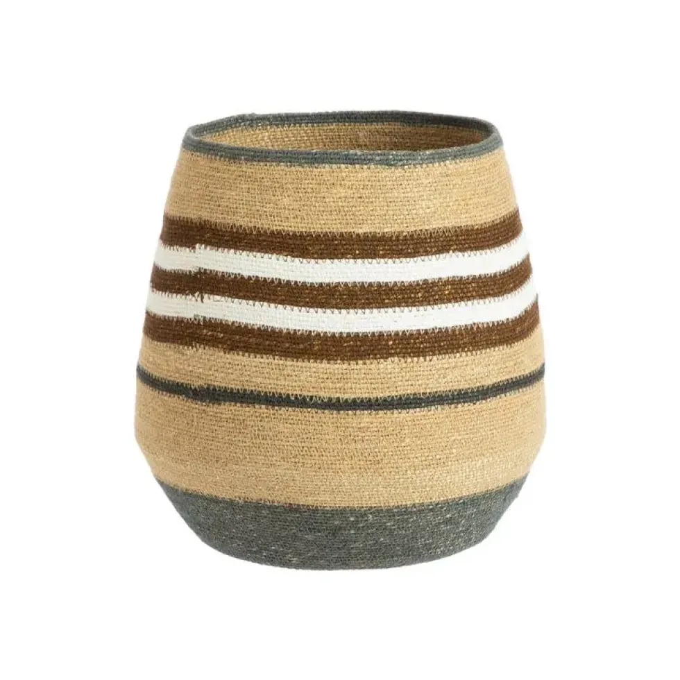 Panière ovale rayée en osier bleu, marron et blanc bleu - 34 x 34 x 35 cm