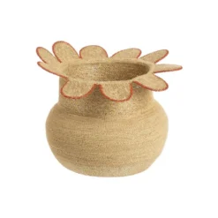 Panière ronde en osier naturel avec décor fleur bordé de rouge - Ø 32 x H 25 cm