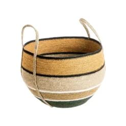 Panière ronde rayée multicolore avec anses en osier petit modèle - Ø 39 x H 25 cm