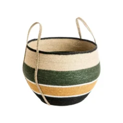 Panière ronde rayée multicolore avec anses en osier moyen modèle - Ø 43 x H 31 cm