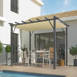 Pergola avec toile d'ombrage coloris beige en aluminium - 4 x 3 m