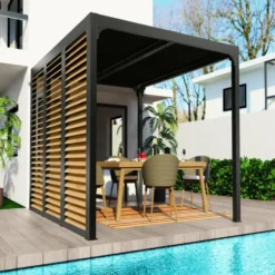 Pergola bioclimatique coloris gris en aluminium - 3,6 x 3 m