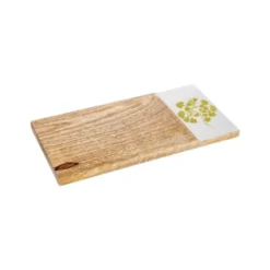 Petite planche à découper en bois de manguier et décor fleuri blanc/vert clair - 30 x 15 cm