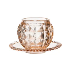 Photophore rond en verre pêche sur coupelle assortie - 12 x 8 cm
