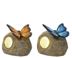 Pierre décorative avec papillon LED coloris blanc chaud - 7 x 9,5 x 9 cm