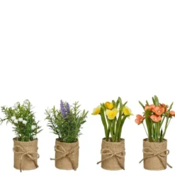Plante artificielle fleurie en pot de jute - Ø 5 x H 15,5 cm