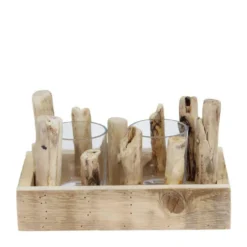 Plateau en bois blanchi avec 2 photophores en verre transparent - 24 x 14 x 12 cm